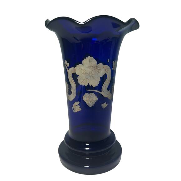 Antique Moser Bohemian Czech Cobalt Blue Vase Hand Blown Ruffle Mouth 6 Inches - Picture 1 of 11